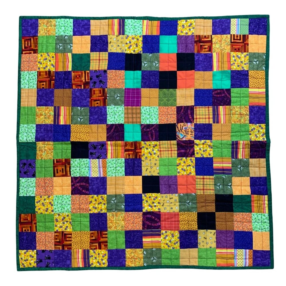 Handcrafted Patchwork Reversible Striped/Checkerboard Quilt Baby Blanket EUC